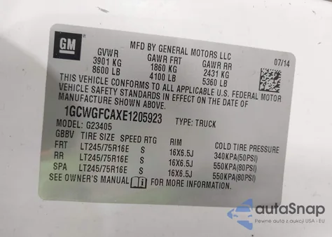 2014 Chevrolet Express 2500 Work Van z USA, uszkodzony, nr VIN 1GCWGFCAXE1205923